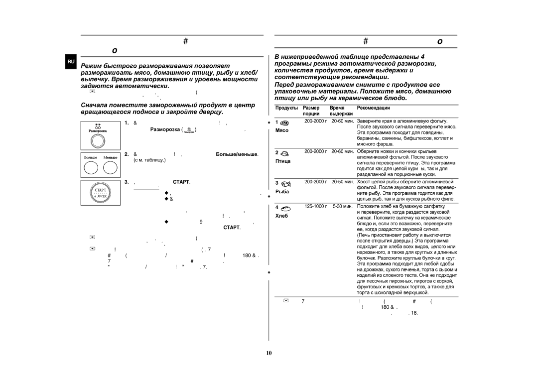 Samsung GR87R-S/BWT, GR87R-S/SBW manual Использование режима Быстрой Разморoзки, Параметры режима Быстрой Разморoзки 