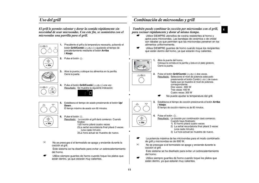 Samsung GR87-S/XEC, GR87/XEC manual Uso del grill, Combinación de microondas y grill, Down, Dos veces 600 W 