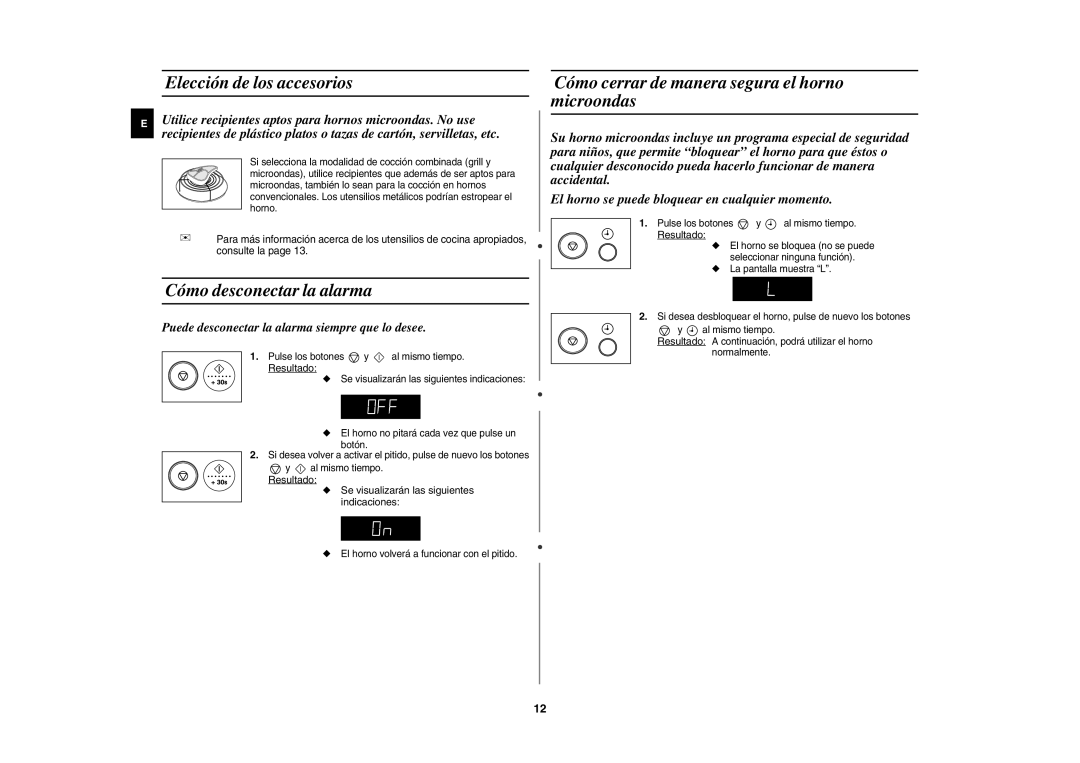 Samsung GR87/XEC Elección de los accesorios, Cómo desconectar la alarma, Cómo cerrar de manera segura el horno microondas 