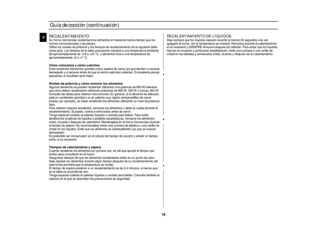 Samsung GR87/XEC manual Recalentamiento, Cómo colocarlos y cómo cubrirlos, Niveles de potencia y cómo remover los alimentos 