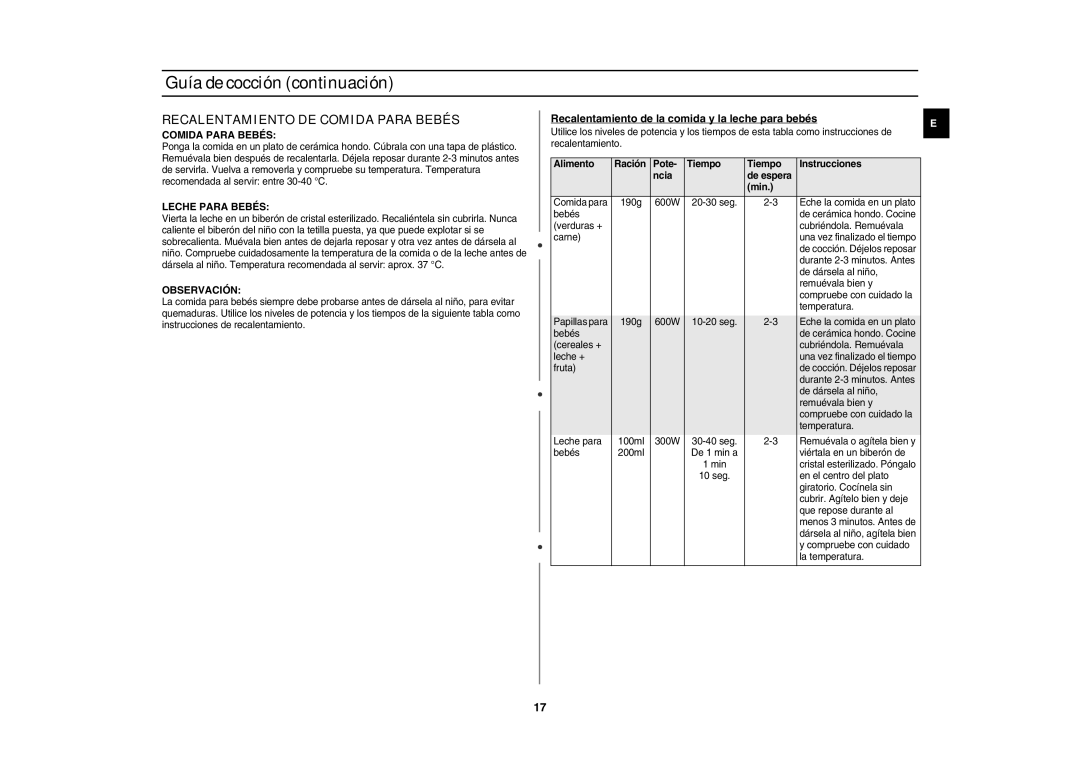 Samsung GR87-S/XEC, GR87/XEC manual Recalentamiento DE Comida Para Bebés, Leche Para Bebés, Observación 