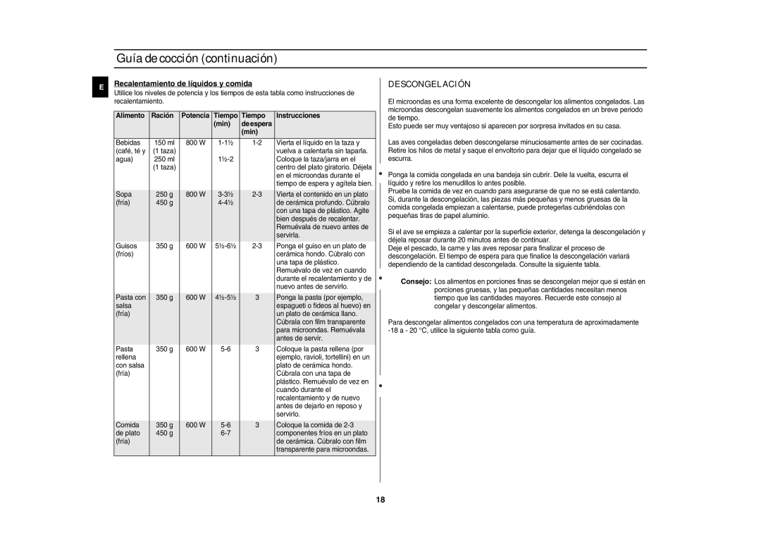 Samsung GR87/XEC, GR87-S/XEC manual Descongelación, Recalentamiento de líquidos y comida 