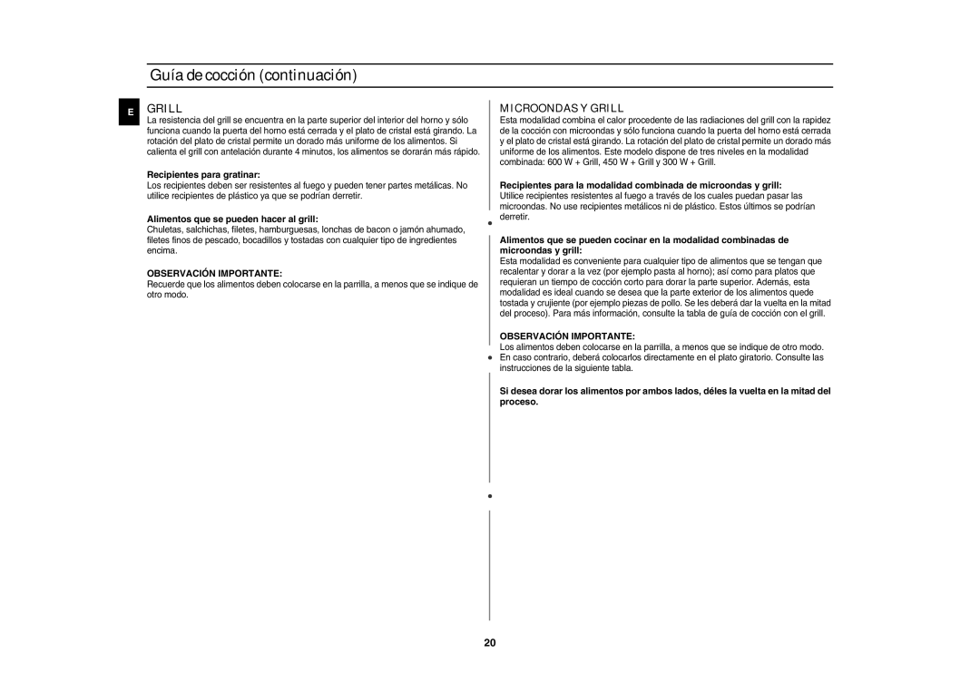 Samsung GR87/XEC manual Grill, Recipientes para gratinar, Alimentos que se pueden hacer al grill, Observación Importante 