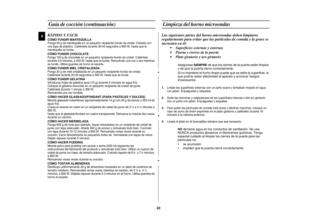 Samsung GR87/XEC, GR87-S/XEC manual Guía de cocción continuación Limpieza del horno microondas, Rápido Y Fácil 