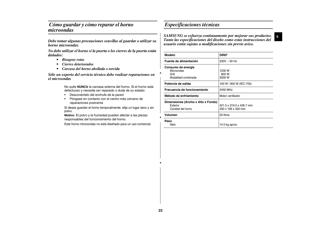 Samsung GR87-S/XEC, GR87/XEC manual Cómo guardar y cómo reparar el horno microondas, Especificaciones técnicas 