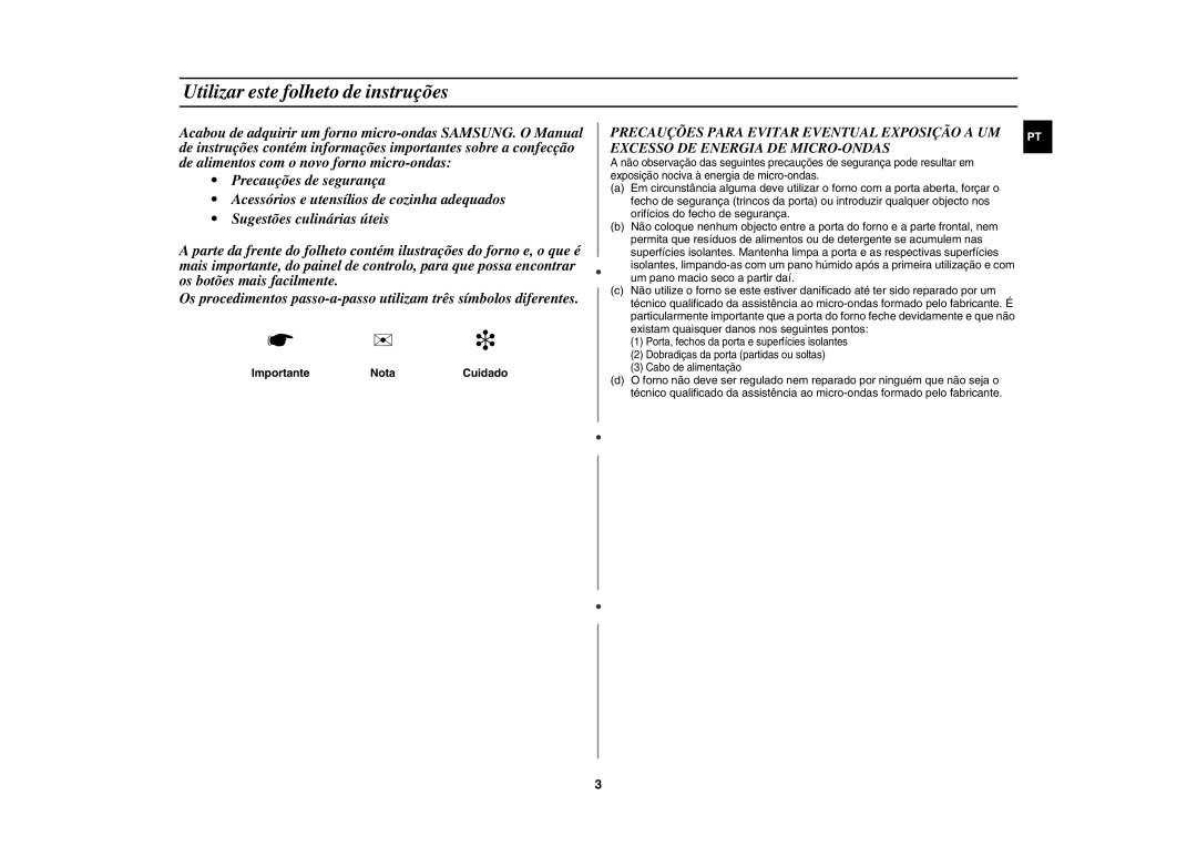 Samsung GR87-S/XEC, GR87/XEC manual Utilizar este folheto de instruções, Importante NotaCuidado 