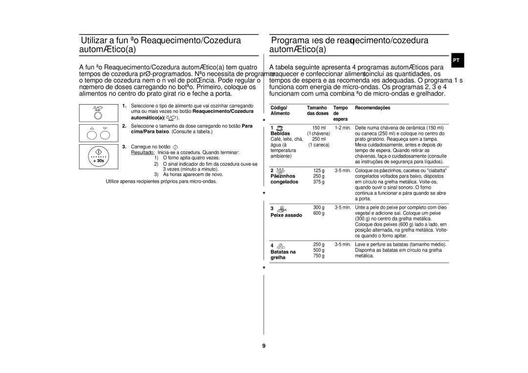 Samsung GR87-S/XEC, GR87/XEC manual Utilizar a função Reaquecimento/Cozedura automáticoa 