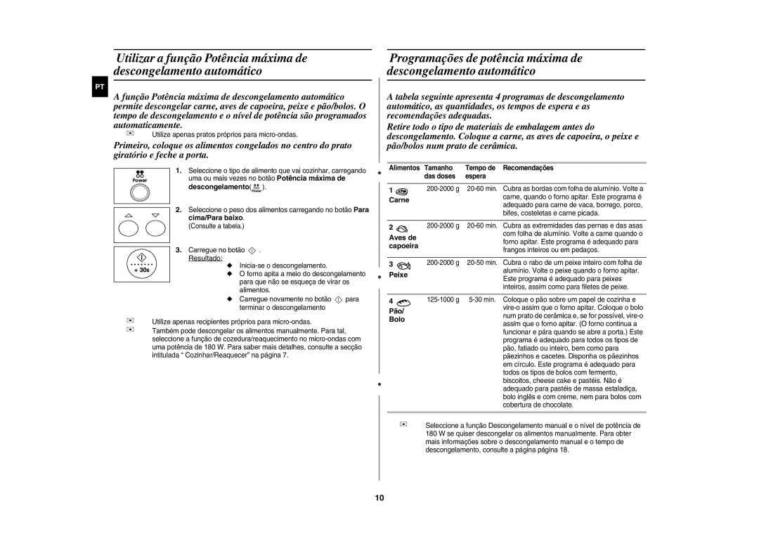 Samsung GR87/XEC manual Cima/Para baixo, Capoeira, Pão, Bolo, Alimentos Tamanho Tempo de Recomendações Das doses Espera 