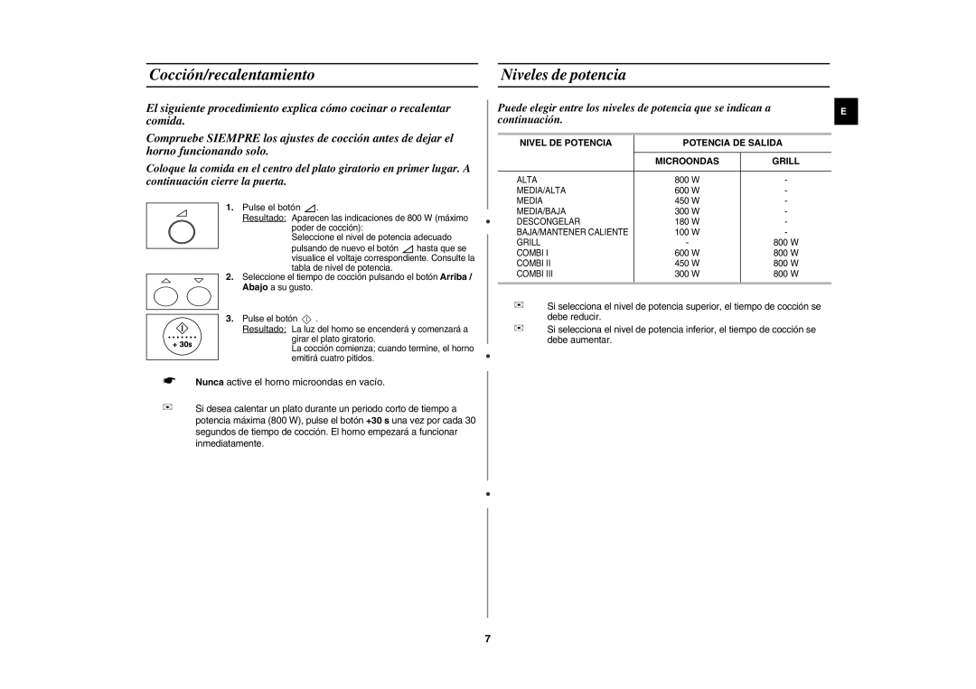 Samsung GR87-S/XEC Cocción/recalentamiento Niveles de potencia, Nivel DE Potencia Potencia DE Salida Microondas Grill 