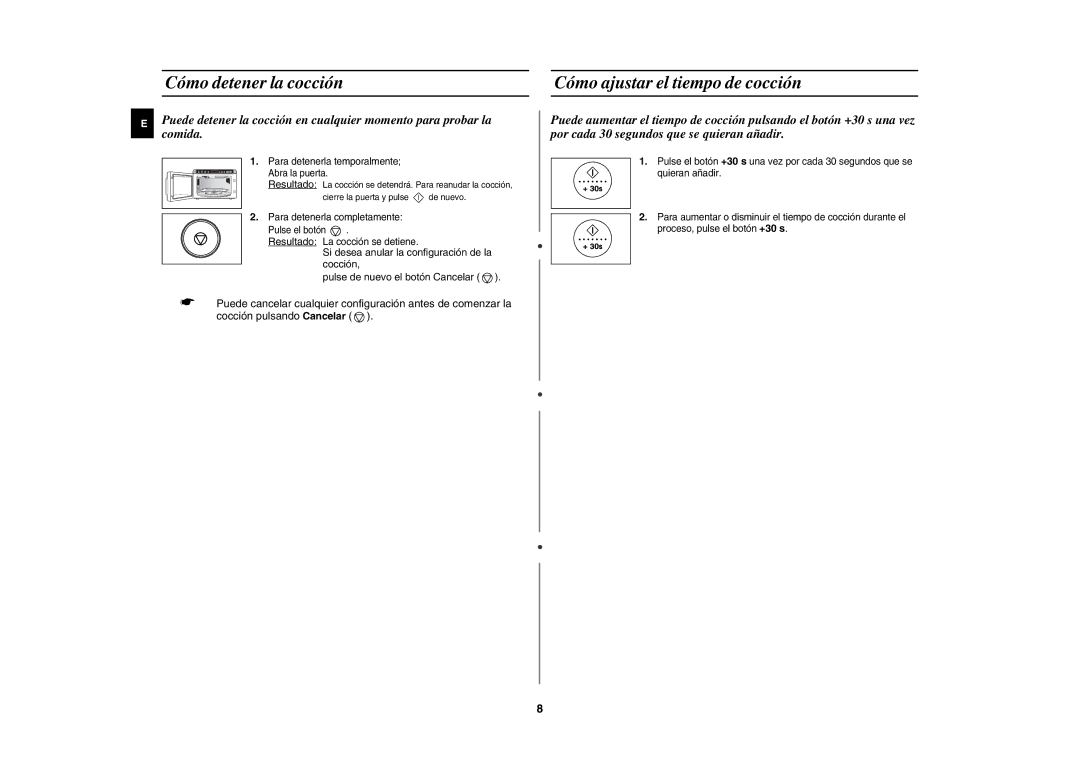 Samsung GR87/XEC, GR87-S/XEC manual Cómo detener la cocción, Cómo ajustar el tiempo de cocción 