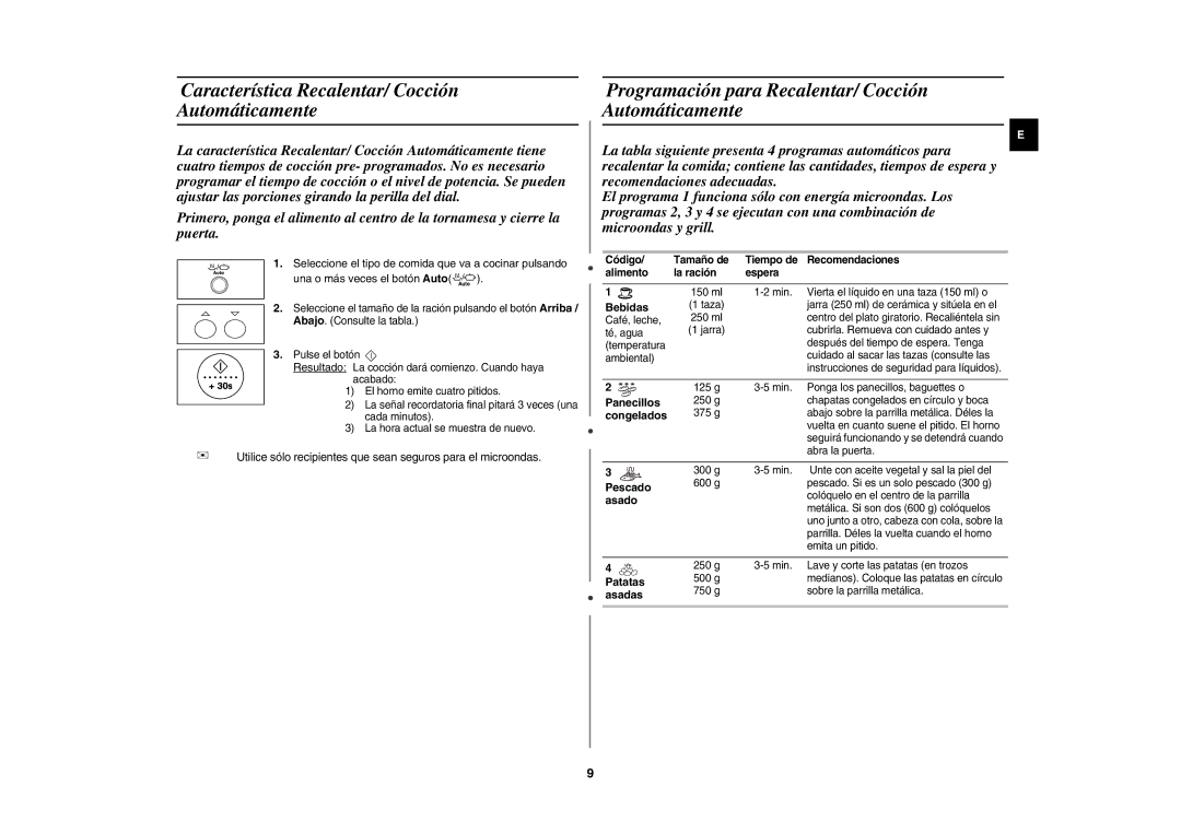 Samsung GR87-S/XEC, GR87/XEC manual Característica Recalentar/ Cocción Automáticamente 