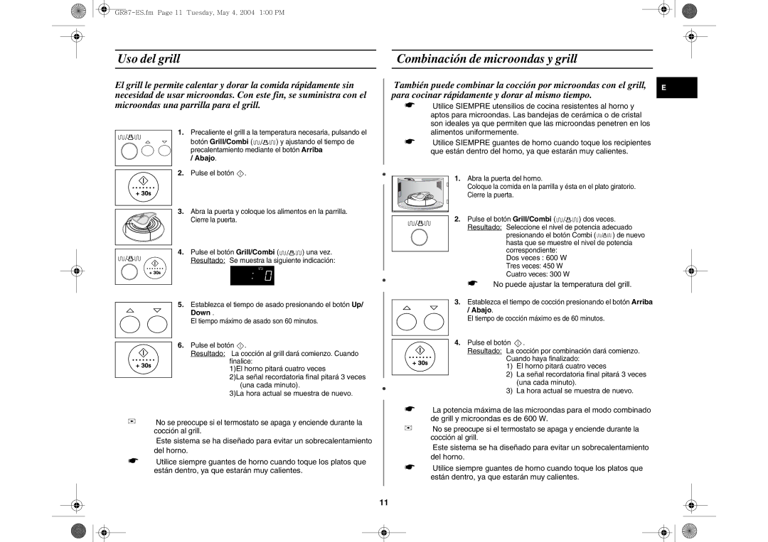 Samsung GR87-S/XEC, GR87/XEC manual Uso del grill Combinación de microondas y grill, Down, Dos veces 600 W 