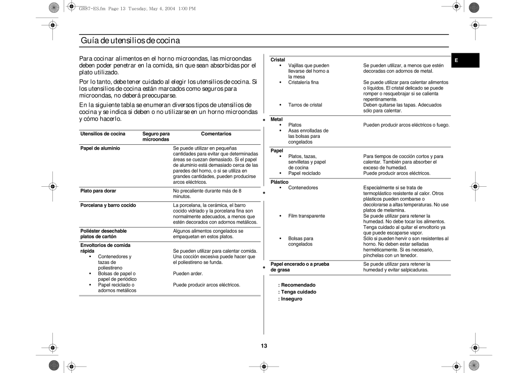 Samsung GR87-S/XEC, GR87/XEC manual Guía de utensilios de cocina, Comentarios 