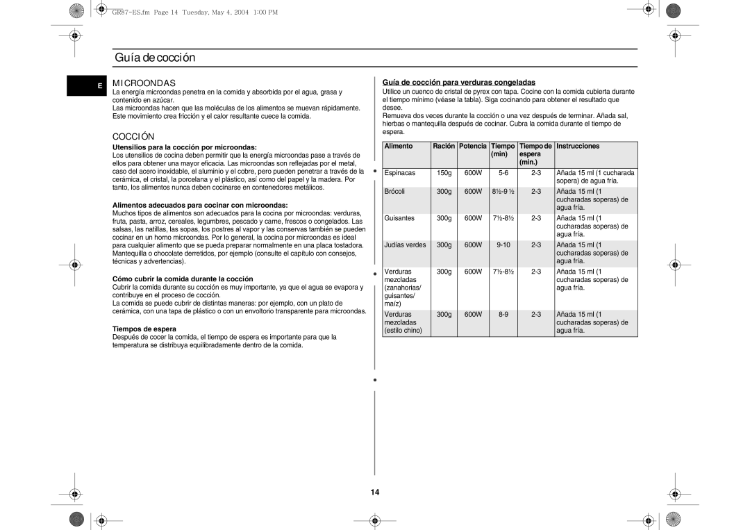 Samsung GR87/XEC, GR87-S/XEC manual Guía de cocción, Microondas, Cocción 