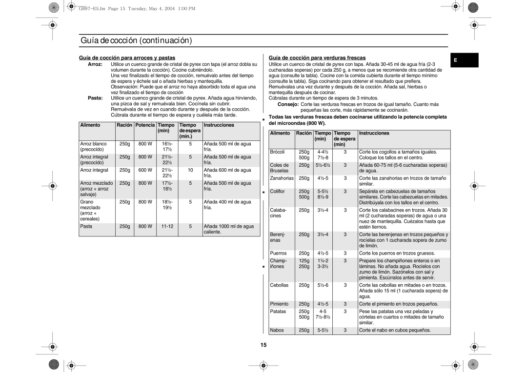 Samsung GR87-S/XEC, GR87/XEC manual Guía de cocción continuación, Guía de cocción para arroces y pastas 