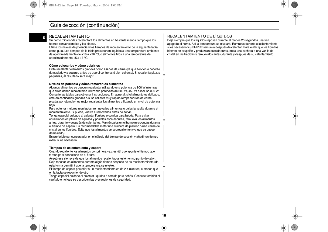 Samsung GR87/XEC manual Recalentamiento, Cómo colocarlos y cómo cubrirlos, Niveles de potencia y cómo remover los alimentos 