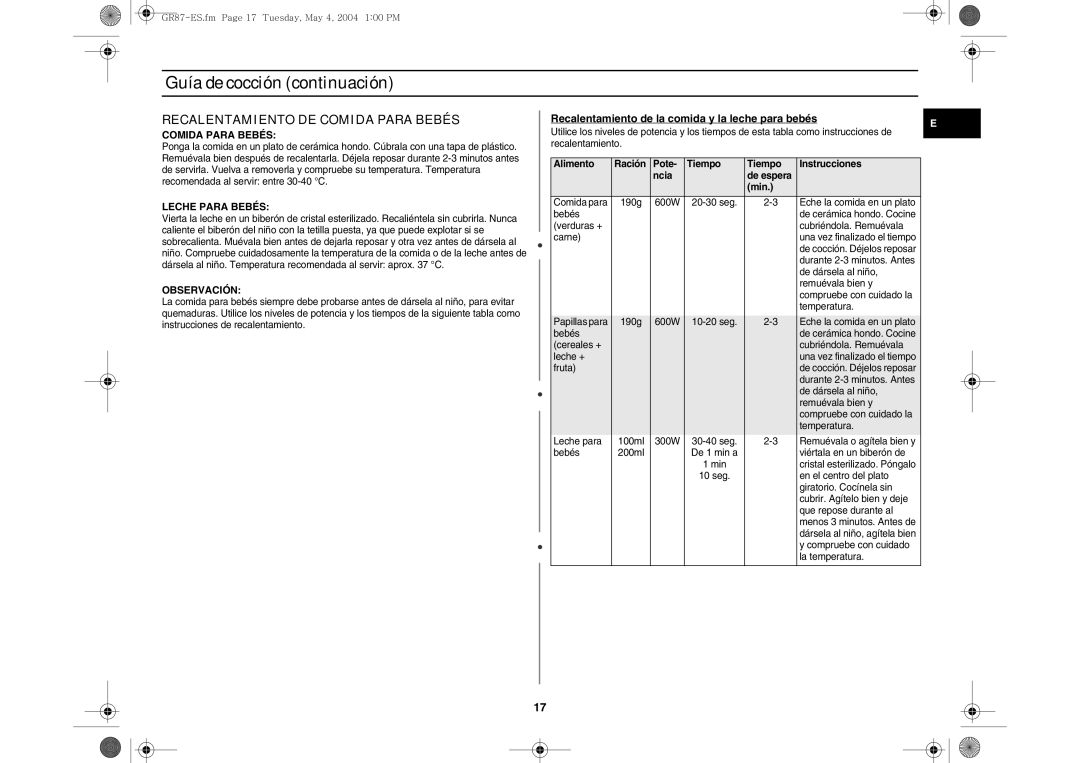 Samsung GR87-S/XEC, GR87/XEC manual Recalentamiento DE Comida Para Bebés, Leche Para Bebés, Observación 