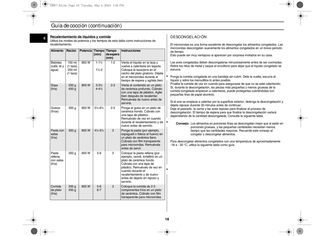 Samsung GR87/XEC, GR87-S/XEC manual Descongelación, Recalentamiento de líquidos y comida 