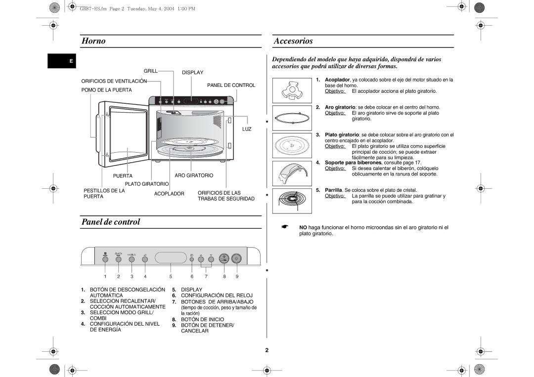 Samsung GR87/XEC, GR87-S/XEC manual Horno, Panel de control Accesorios, Objetivo El acoplador acciona el plato giratorio 