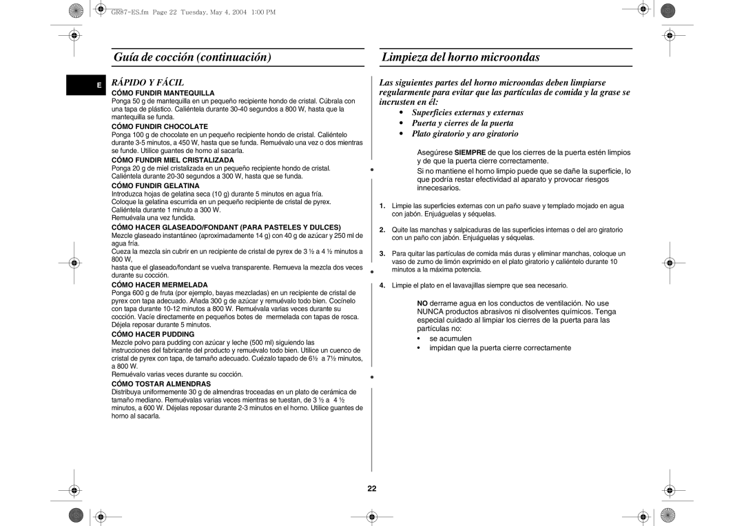 Samsung GR87/XEC, GR87-S/XEC manual Guía de cocción continuación Limpieza del horno microondas, Rápido Y Fácil 