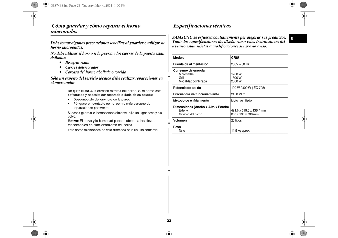 Samsung GR87-S/XEC, GR87/XEC manual Cómo guardar y cómo reparar el horno microondas, Especificaciones técnicas 