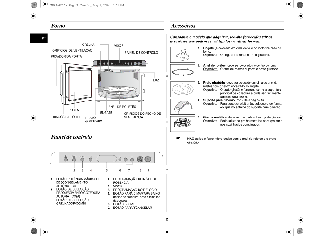 Samsung GR87/XEC, GR87-S/XEC manual Forno Acessórios, Painel de controlo, Objectivo O engate faz rodar o prato giratório 