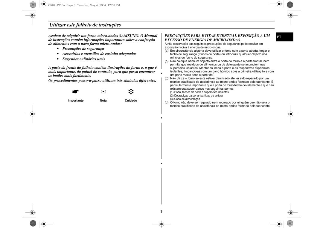 Samsung GR87-S/XEC, GR87/XEC manual Utilizar este folheto de instruções, Importante NotaCuidado 