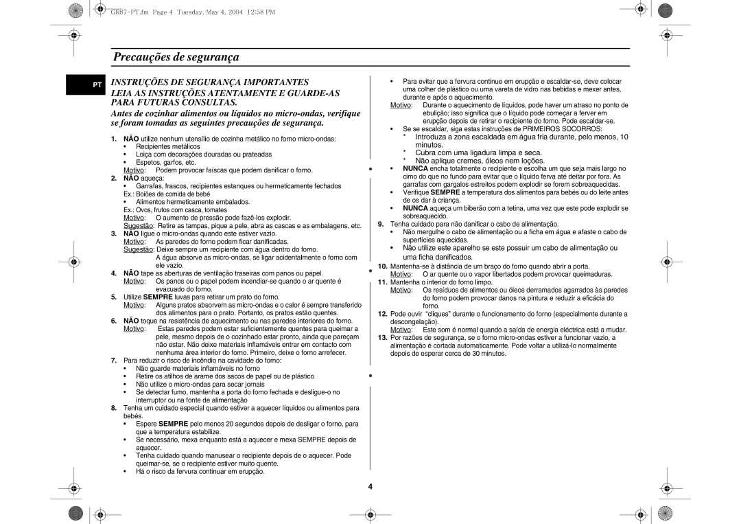 Samsung GR87/XEC, GR87-S/XEC manual Precauções de segurança 