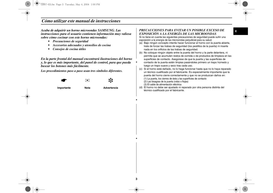 Samsung GR87-S/XEC, GR87/XEC Cómo utilizar este manual de instrucciones, Importante Nota Advertencia 