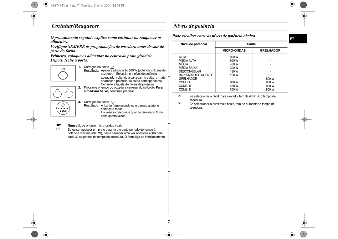 Samsung GR87-S/XEC Cozinhar/Reaquecer Níveis de potência, Nunca ligue o forno micro-ondas vazio, Nível de potência Saída 