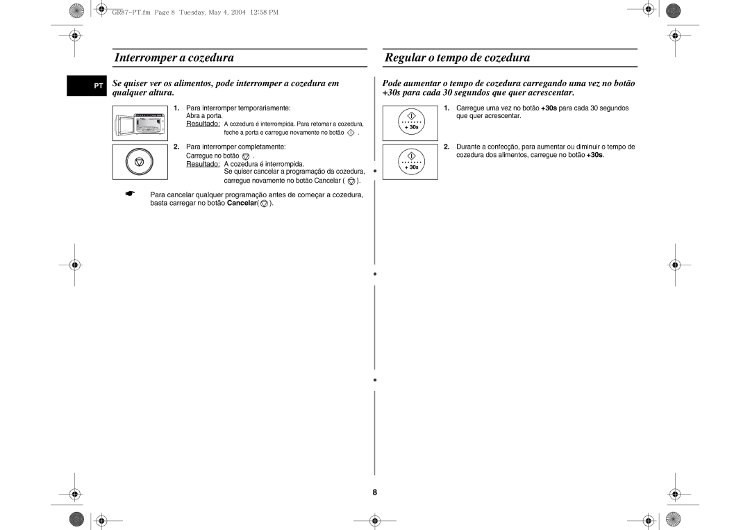 Samsung GR87/XEC, GR87-S/XEC manual Interromper a cozedura, Regular o tempo de cozedura 