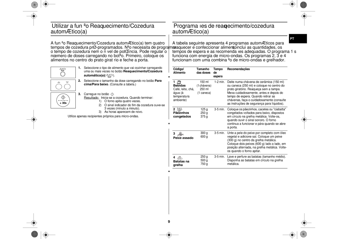 Samsung GR87-S/XEC, GR87/XEC manual Utilizar a função Reaquecimento/Cozedura, Automáticoa 