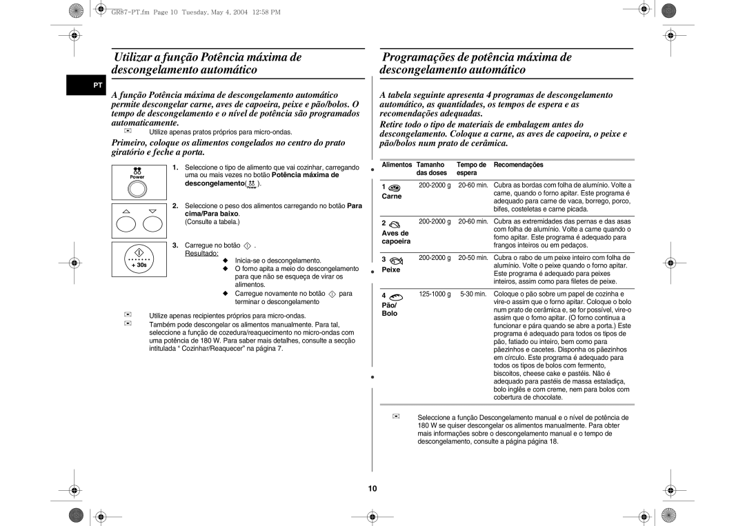 Samsung GR87/XEC manual Cima/Para baixo, Capoeira, Pão, Bolo, Alimentos Tamanho Tempo de Recomendações Das doses Espera 