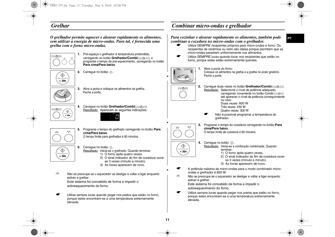 Samsung GR87-S/XEC, GR87/XEC manual Grelhar Combinar micro-ondas e grelhador, Duas vezes 600 W 