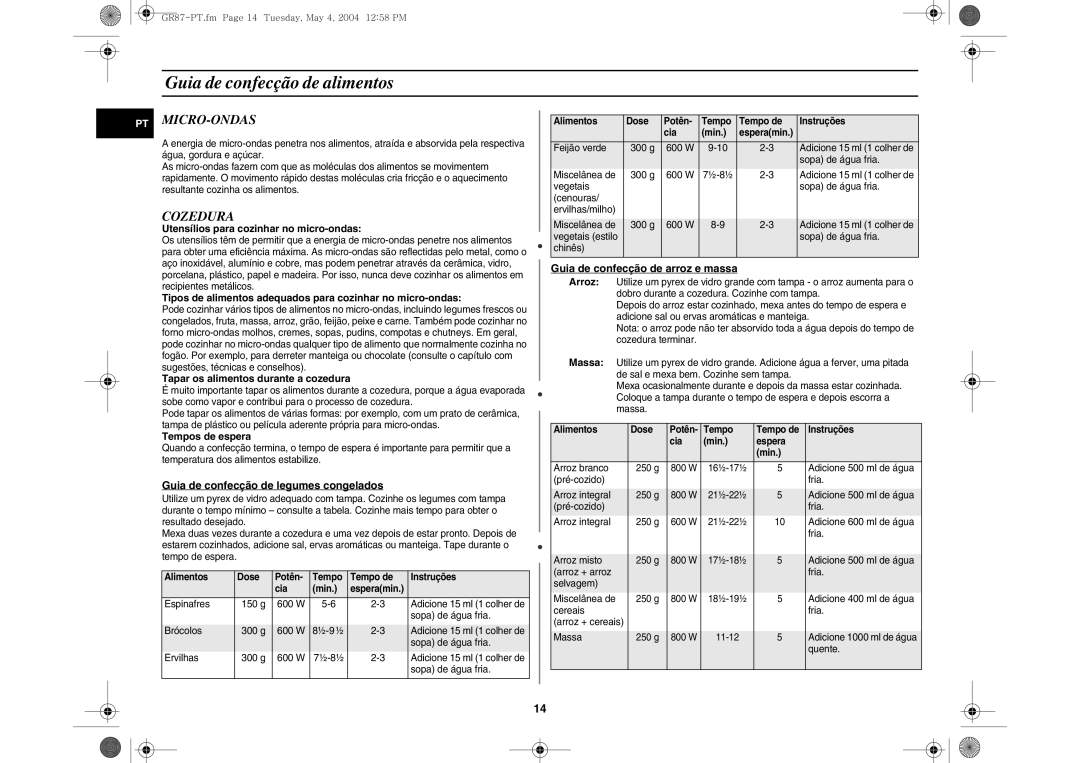 Samsung GR87/XEC, GR87-S/XEC manual Guia de confecção de alimentos, Micro-Ondas, Cozedura 