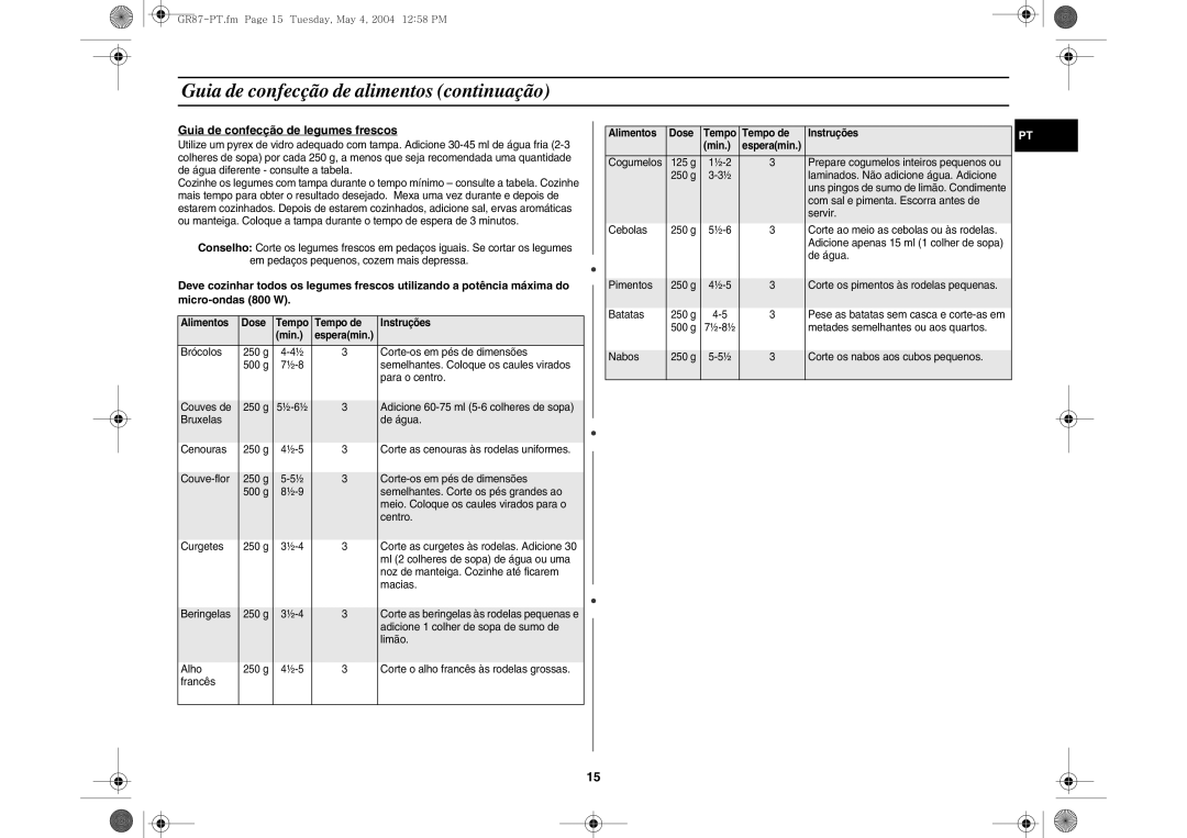 Samsung GR87-S/XEC, GR87/XEC manual Guia de confecção de alimentos continuação, Guia de confecção de legumes frescos 