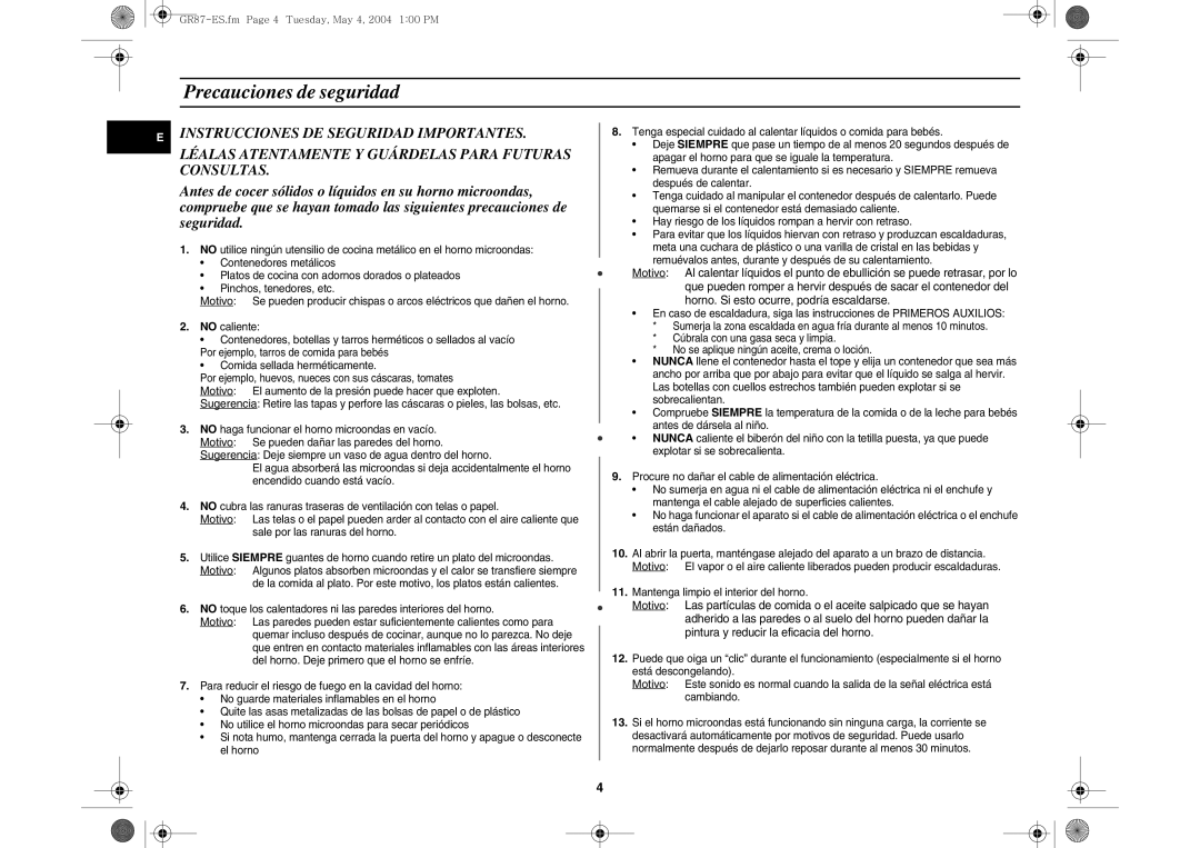 Samsung GR87/XEC, GR87-S/XEC manual Precauciones de seguridad 