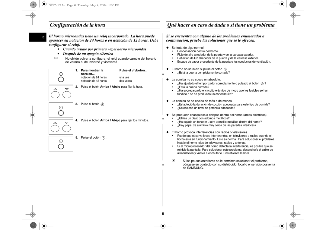 Samsung GR87/XEC, GR87-S/XEC manual Configuración de la hora, Para mostrar la Pulse el, Hora en 