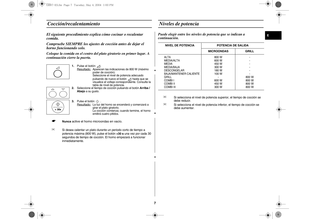 Samsung GR87-S/XEC Cocción/recalentamiento Niveles de potencia, Nivel DE Potencia Potencia DE Salida Microondas Grill 