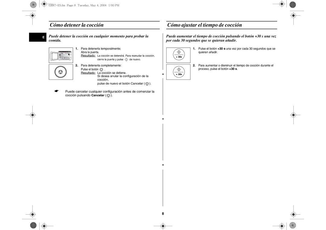 Samsung GR87/XEC, GR87-S/XEC manual Cómo detener la cocción, Cómo ajustar el tiempo de cocción 