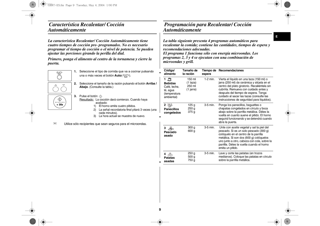 Samsung GR87-S/XEC, GR87/XEC manual Característica Recalentar/ Cocción, Automáticamente 