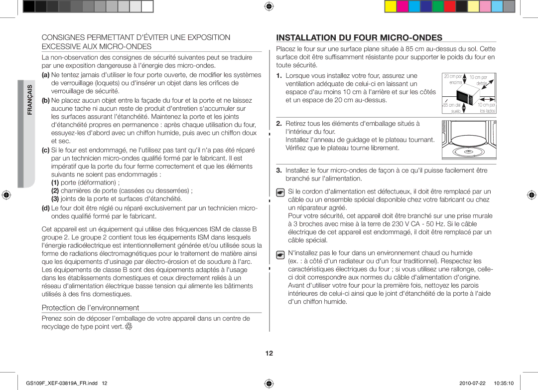 Samsung GS109F-S/XEF, GS109F-1S/XEF manual Installation du four micro-ondes 