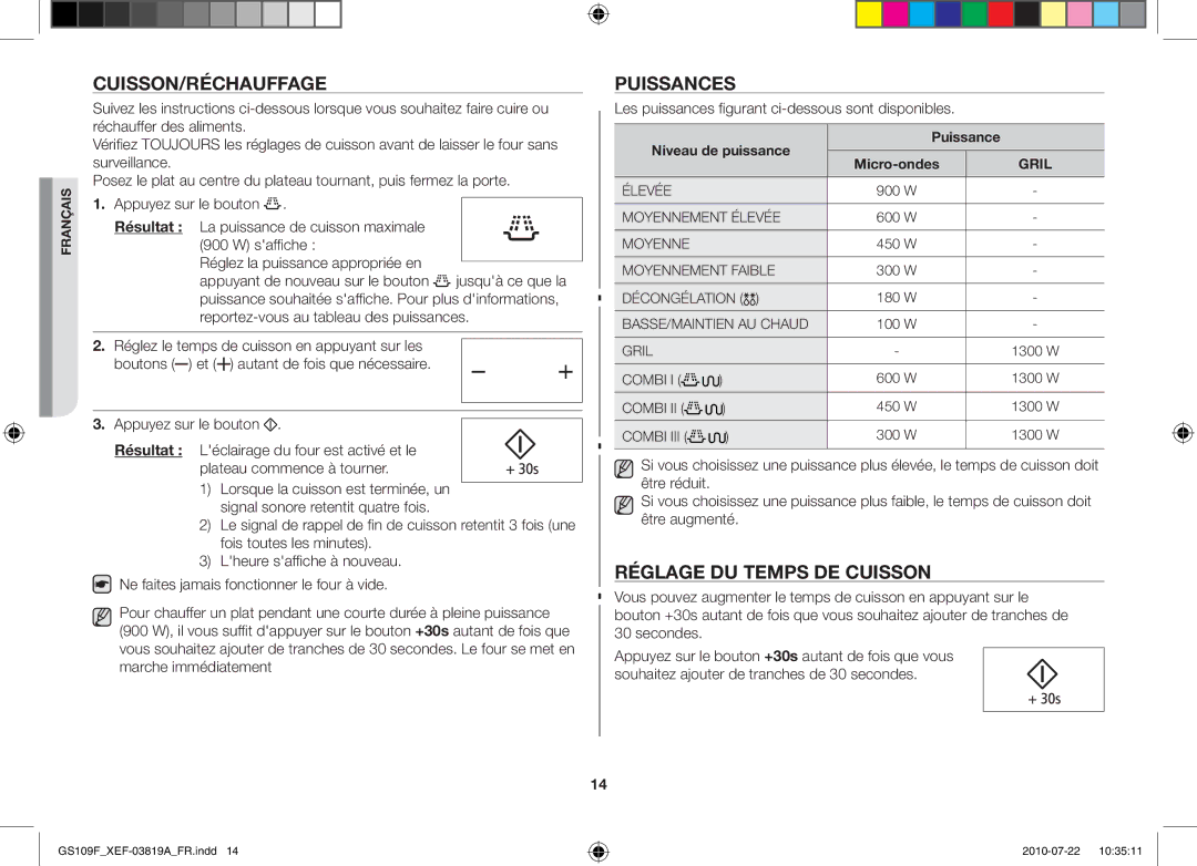 Samsung GS109F-S/XEF, GS109F-1S/XEF Cuisson/Réchauffage, Puissances, Réglage du temps de cuisson, Puissance Micro-ondes 