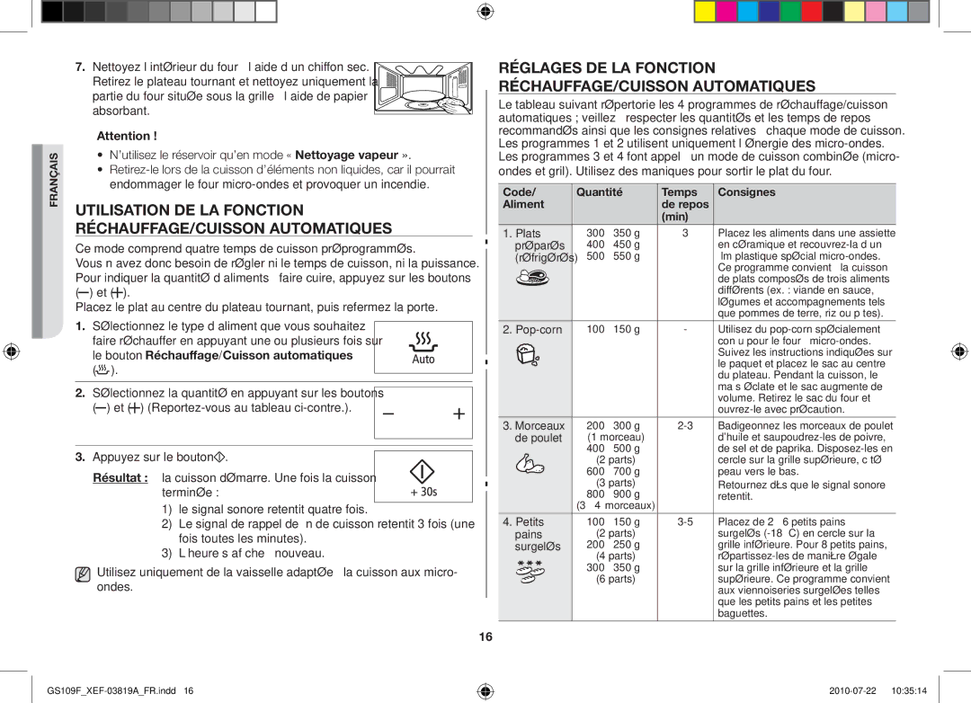 Samsung GS109F-S/XEF, GS109F-1S/XEF manual Utilisation de la fonction réchauffage/cuisson automatiques 