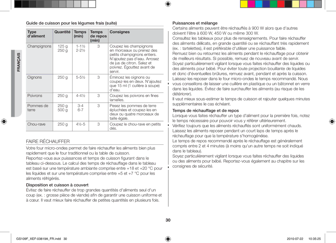 Samsung GS109F-S/XEF, GS109F-1S/XEF manual Faire Réchauffer, Guide de cuisson pour les légumes frais suite 