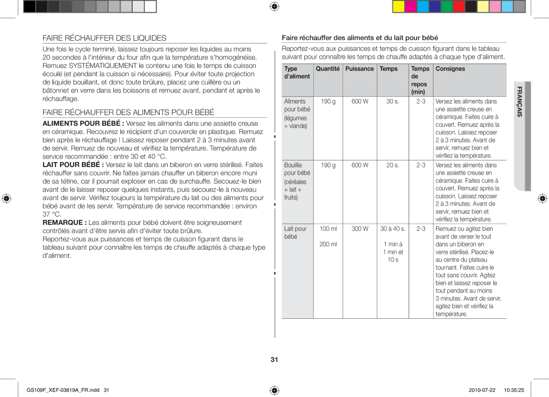 Samsung GS109F-1S/XEF, GS109F-S/XEF manual Faire Réchauffer DES Liquides, Faire Réchauffer DES Aliments Pour Bébé 