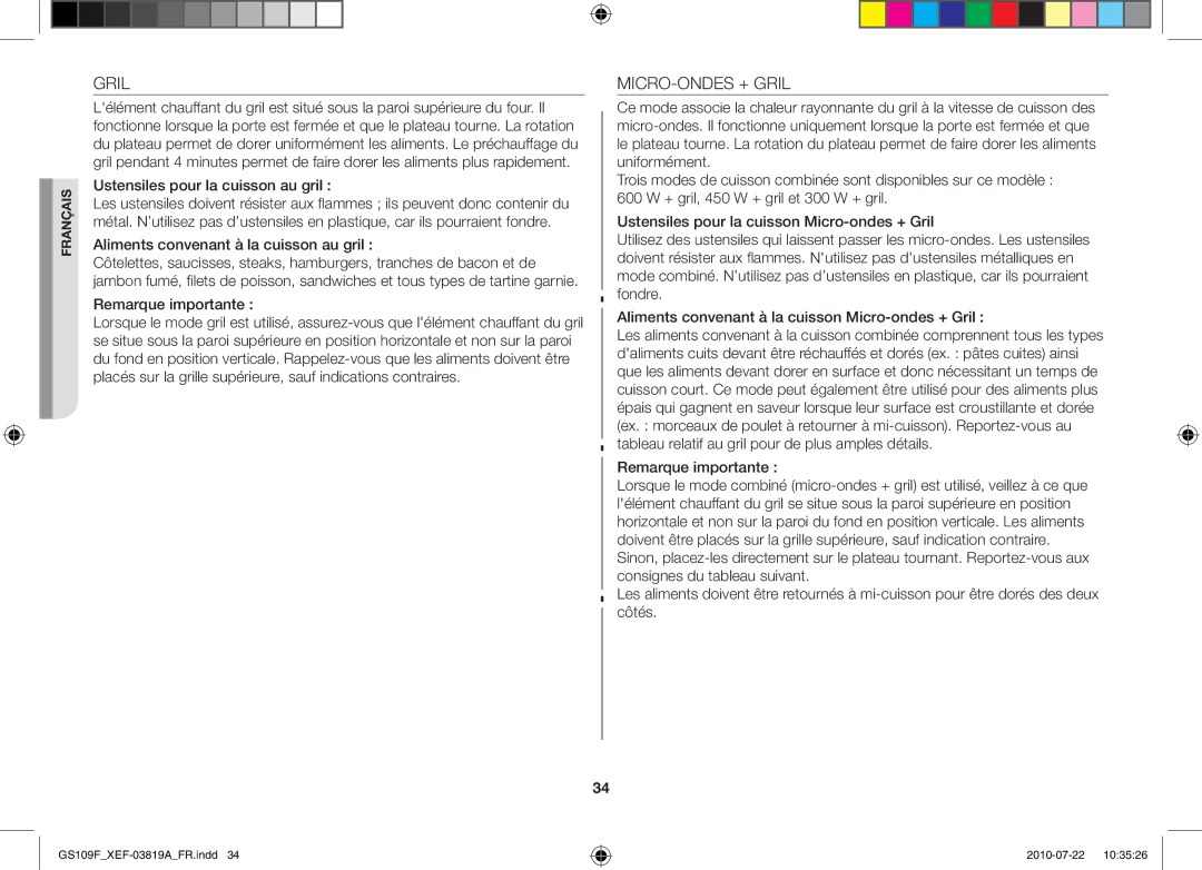 Samsung GS109F-S/XEF MICRO-ONDES + Gril, Ustensiles pour la cuisson au gril, Aliments convenant à la cuisson au gril 