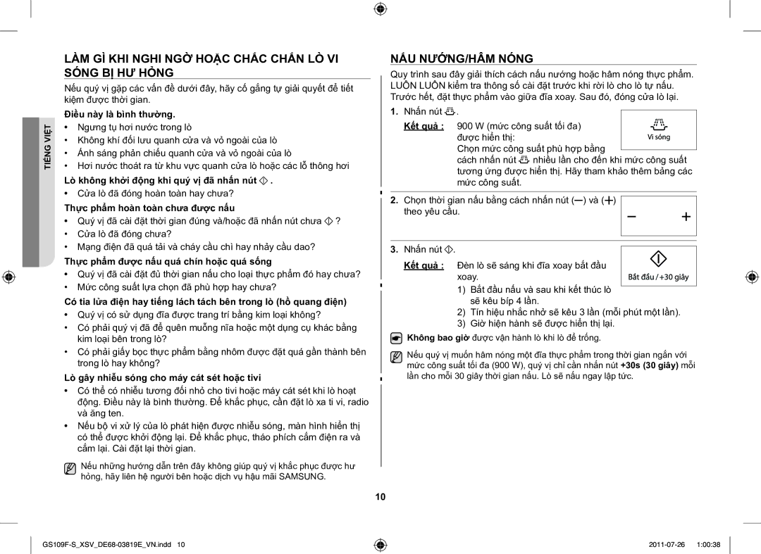 Samsung GS109F-S/XSV manual LÀM GÌ KHI Nghi NGỜ Hoặc Chắc Chắn LÒ VI Sóng BỊ HƯ Hỏng, NẤU NƯỚNG/HÂM Nóng 