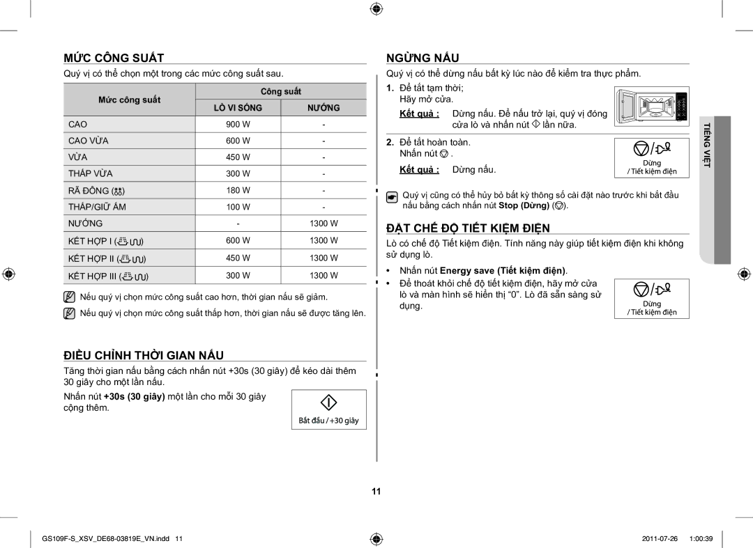 Samsung GS109F-S/XSV manual MỨC Công Suất, Điều Chỉnh Thời Gian NẤU, Ngừng NẤU, ĐẶT CHẾ ĐỘ Tiết Kiệm Điện 