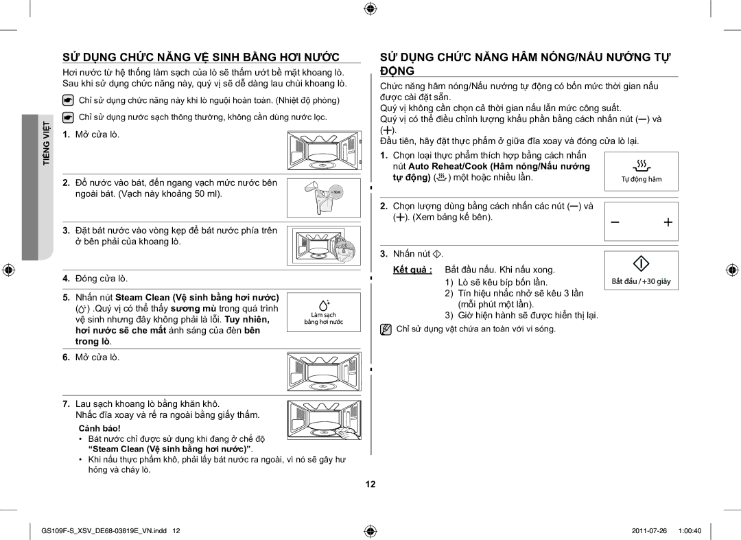 Samsung GS109F-S/XSV manual SỬ Dụng Chức Năng VỆ Sinh Bằng HƠI Nước, SỬ Dụng Chức Năng HÂM NÓNG/NẤU Nướng TỰ Động 